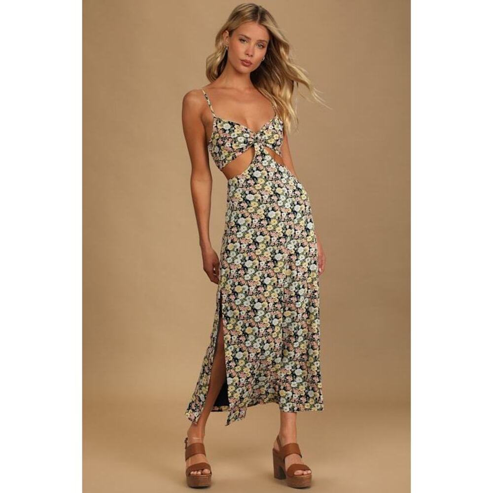 Lulus It's A Perfect Pick Navy Blue Floral Print Cutout Maxi Dress - Size XL